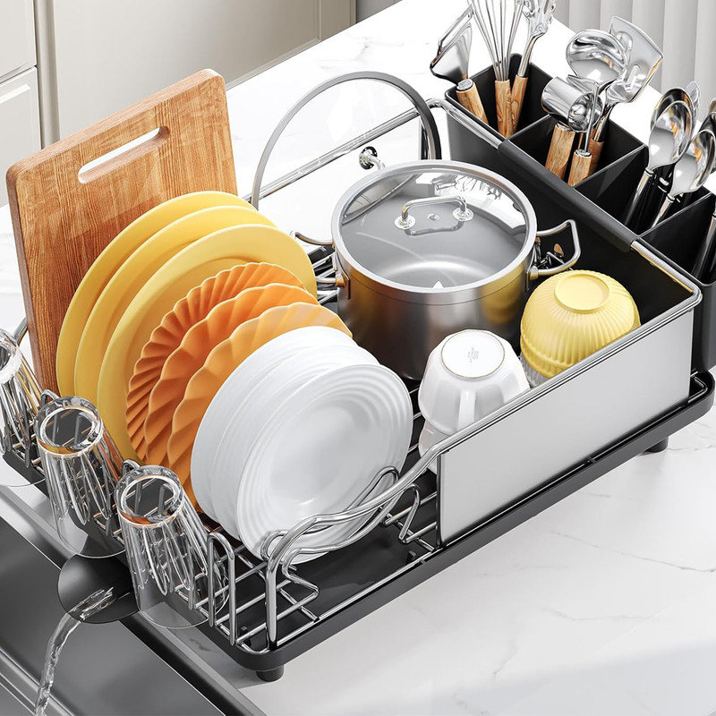 Black Stainless Steel Expandable Foldable Dish Drying Rack with Utensil Cup