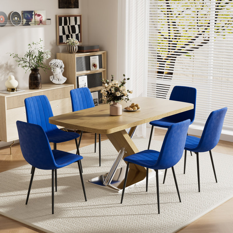 Rectangular Extendable Dining Table set, Beige, 7, Natural
