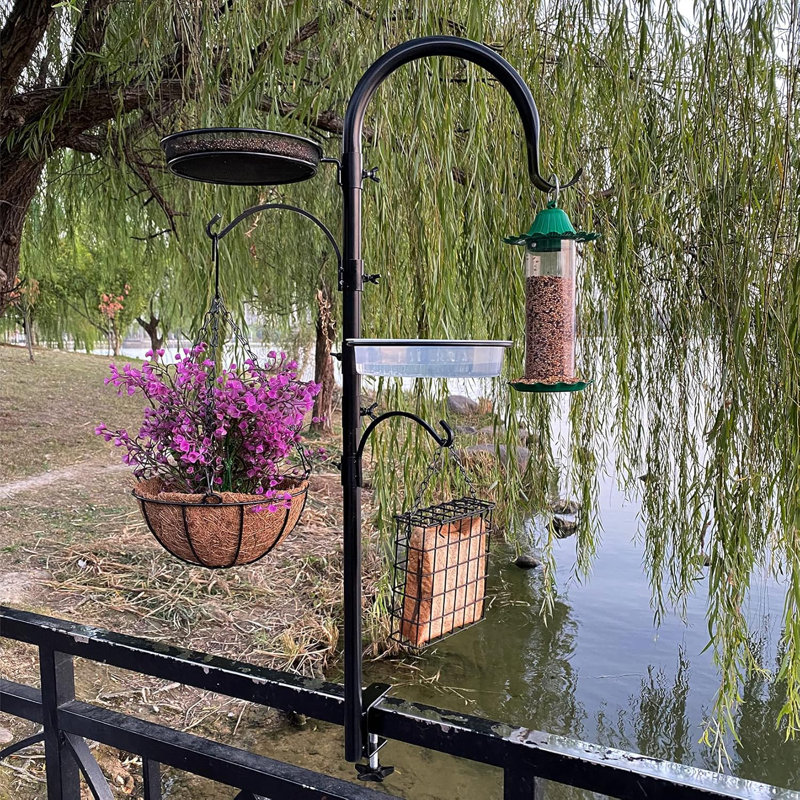 Upgraded Bird Feeding Station Kit,Deck Railing Mounted Birds Feeder Pole For Balcony With 3 Hooks,Bird Bath,Metal Mesh Tray And Suet Cage,Multi-Design Style,Used For Plant Hanger