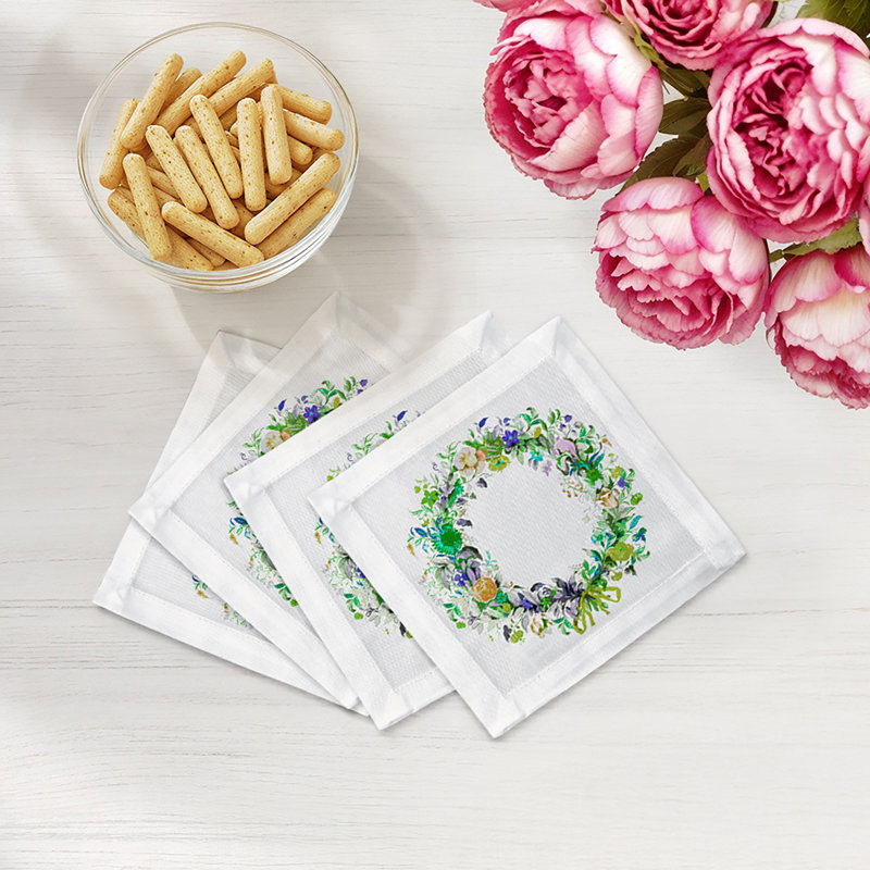 Wreath Flowers Hemstitch Cocktail 6" Linen/Cotton Napkin, Green