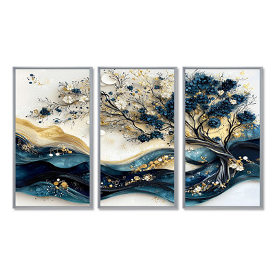 Bleu et blanc, arbre moderne en fleurs III - ensemble d'art mural cerisier en fleurs