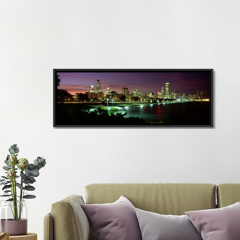 « night horizon chicago illinois », reproduction de photo sur toile, H 12 po x l 36 po x P 1,5 po, Toile avec cadre noir