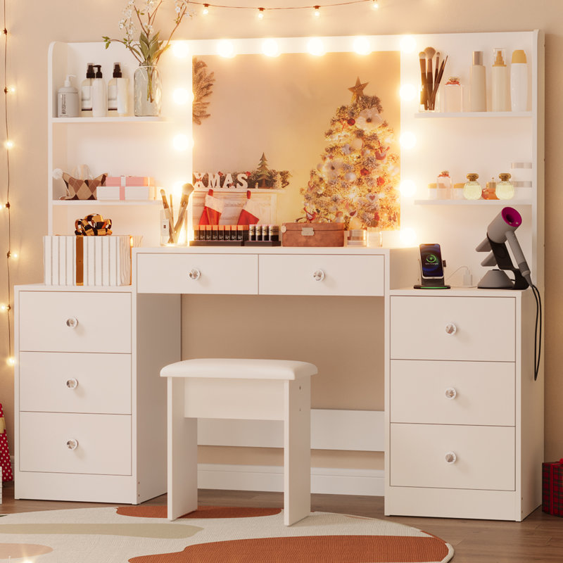 Greyden Zeibak Large Makeup Vanity With 8 Drawers, 14 Lighted Bulbs And Spacious Storage Space, White