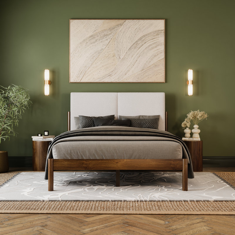 Ardin Solid Wood Bed with Boucle Headboard, Walnut, Queen