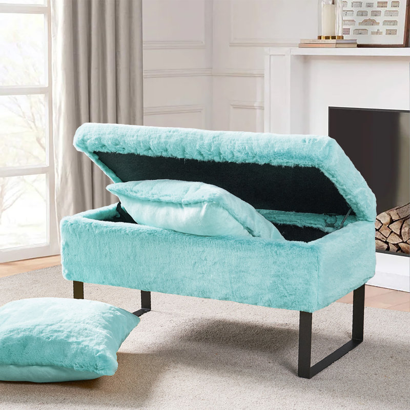 Lovitto Upholstered Ottoman, Bleached Aqua Faux Fur
