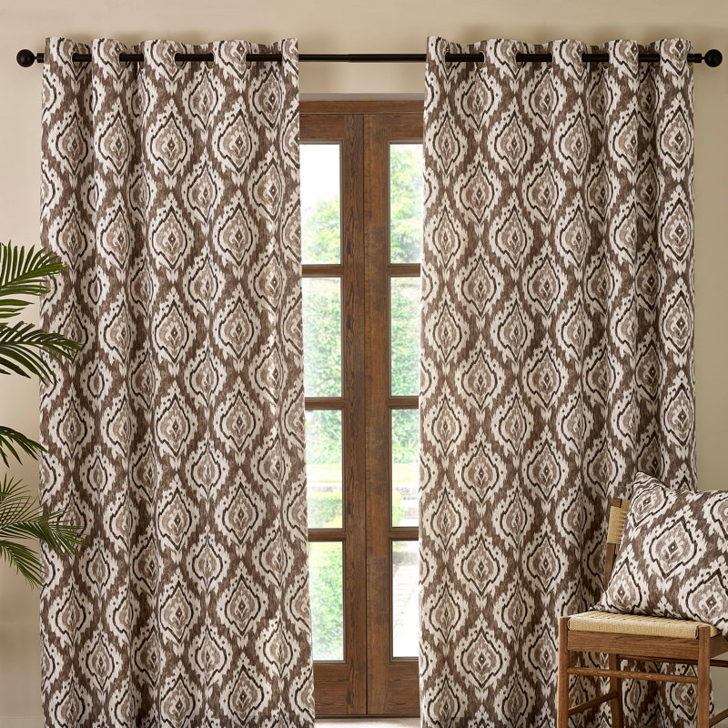 Suri Geo Lined Eyelet Curtains Cotton Blend Semi Sheer Curtain Panel Pair, 117cm Width x 183cm Drop, Beige