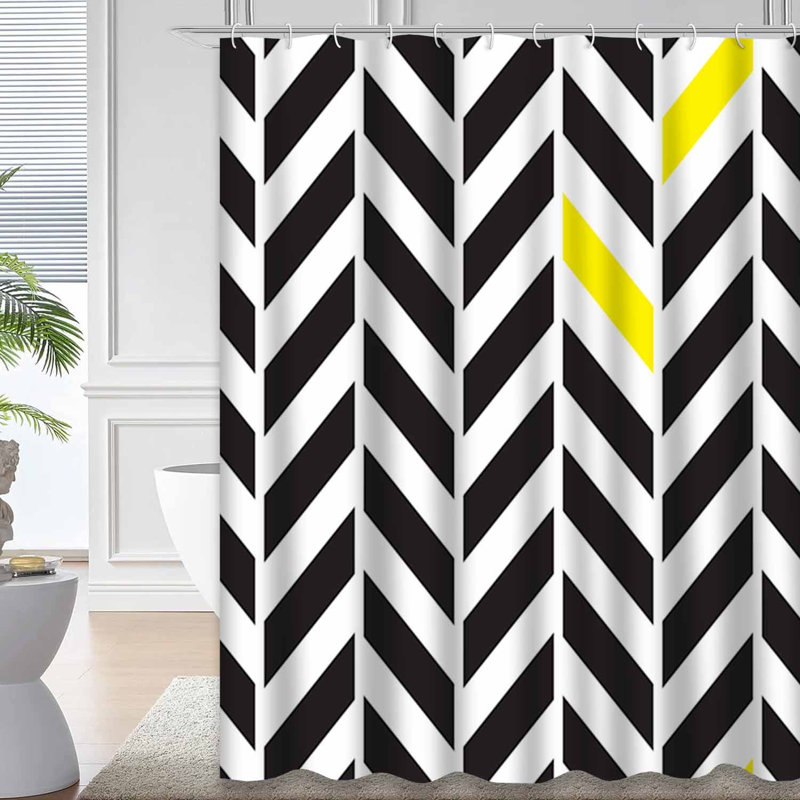 Rideau de douche jaune à motif géométrique noir avec 12 crochets, L 72 po x l 78 po