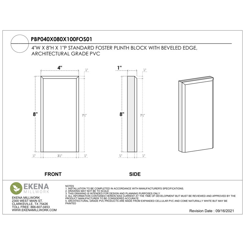 Socle standard avec bord biseauté, H 8 po x l 4 po x p 1 po