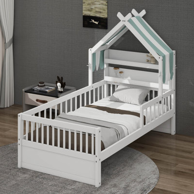 Lit maison avec tablette de tête de lit et auvent amovible, cadre de lit plateforme en bois avec Guardrai