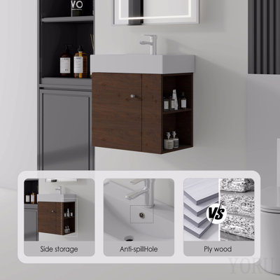 Ensemble de meuble-lavabo flottant 21,6 po, armoire murale en contreplaqué mural avec lavabo en céramique et portes à fermeture en douceur pour les petites salles de bain, brun