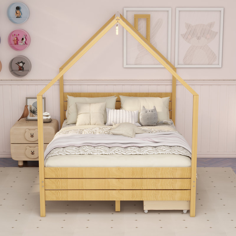 Cadre de lit double pour enfants, lit Montessori avec 2 tiroirs de rangement, lit double en bois avec tête de lit, aucun sommier requis, assemblage facile, naturel