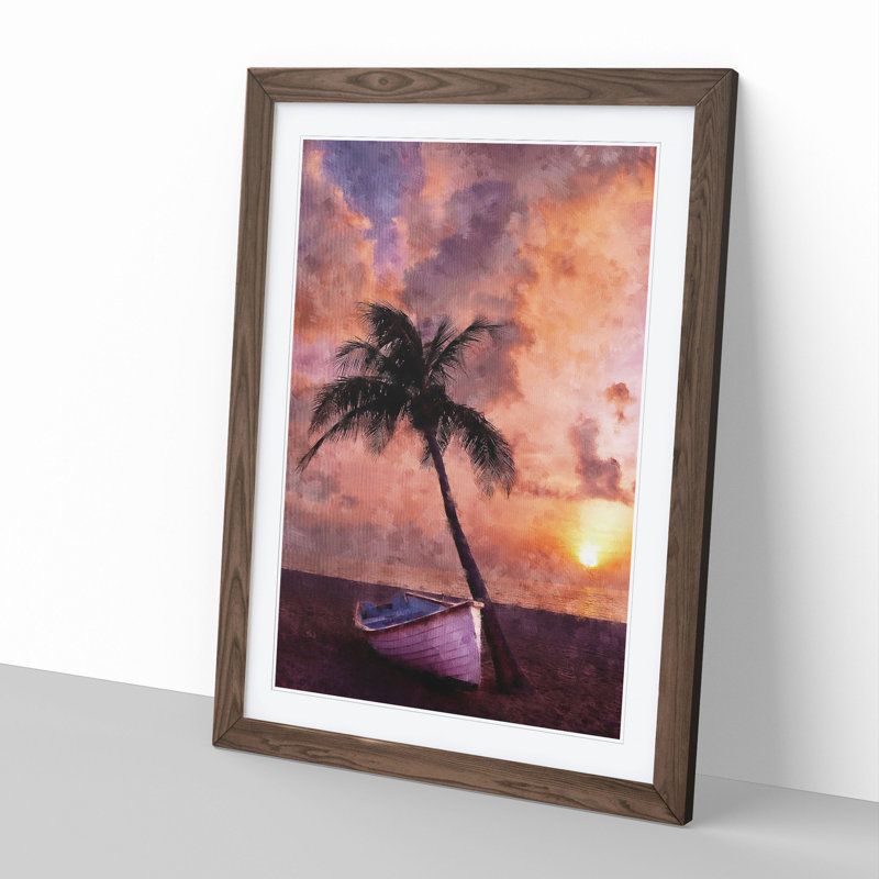 Palm Tree and Boat - Framed Print, 65cm H x 48cm W x 2cm D, Walnut Framed