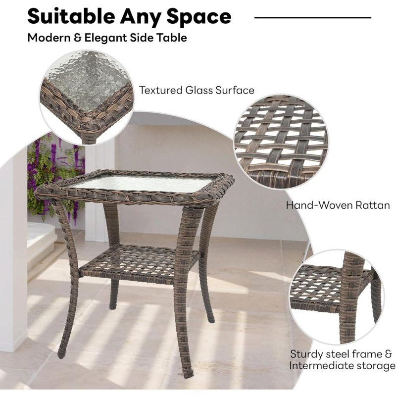 Handwoven Wicker Side Table - Small Outdoor Side Table 2 Tier Storage Patio Side Table With Tempered Glass Top, All Weather Outdoor End Table For Deck Balcony Outside
