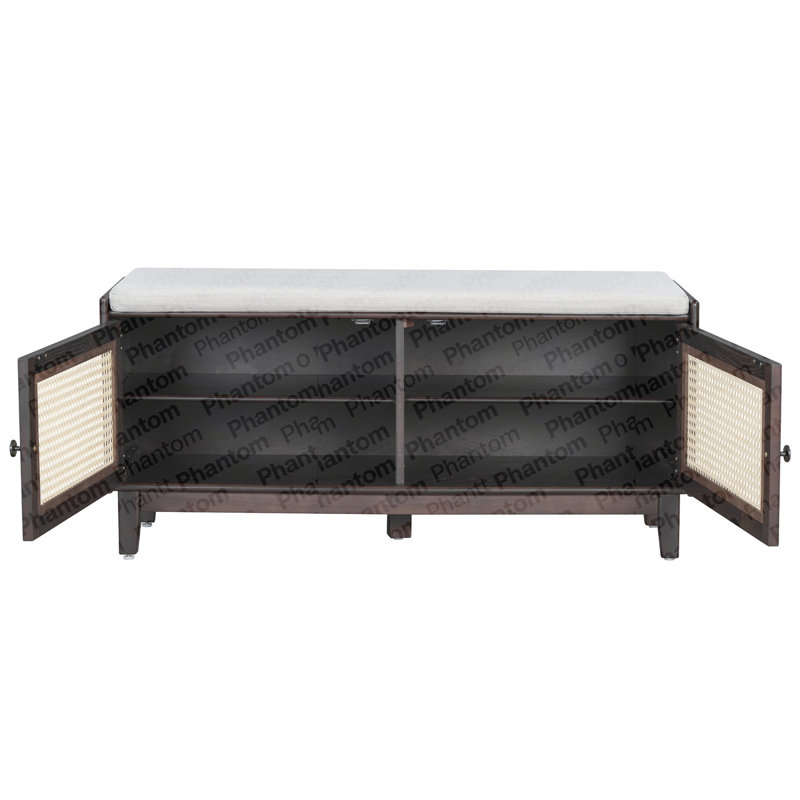 Boho Rattan Entryway Bench With Storage, Cushioned Shoe Bench With Double Doors, Wooden Shoe Organizer Bench For Entryway And Hallway (Espresso+Beige )