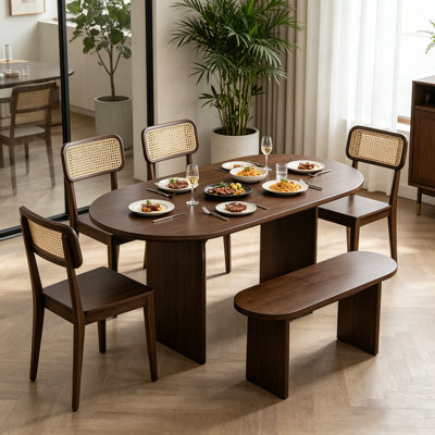 Modern 6-Piece Oval Dining Table Set With Bench - Kitchen Table Chairs Set For 6 People
