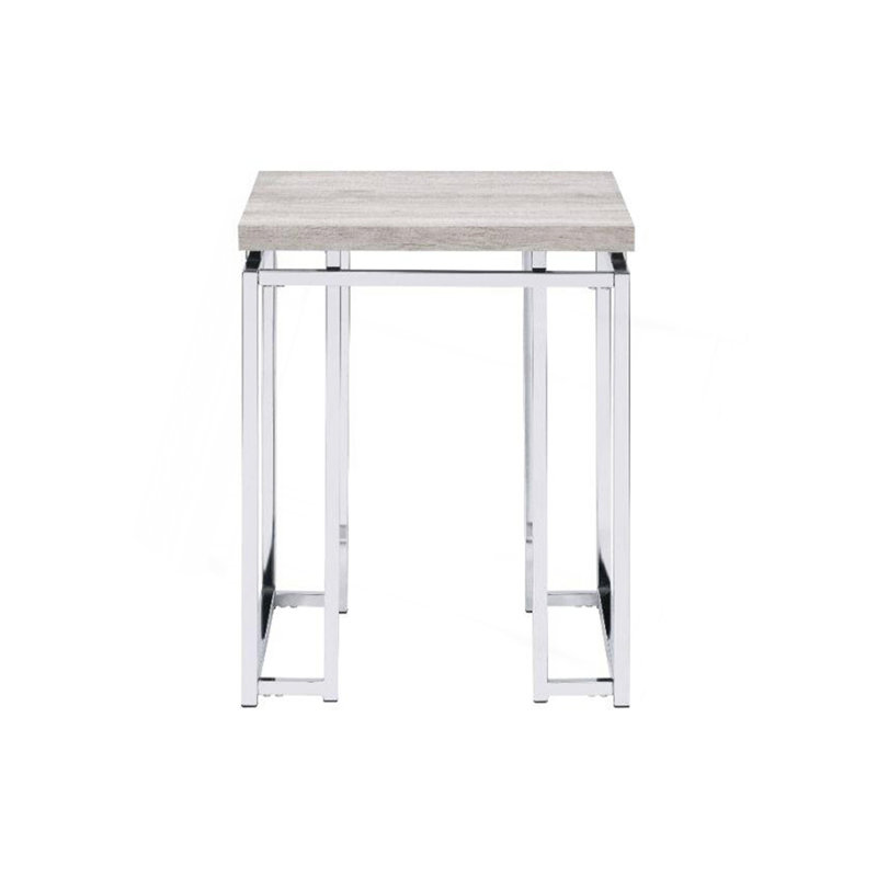 Table de bout carrée avec base en métal, chêne naturel et chrome