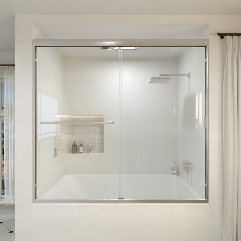 60 po Susurrus X P 56 po Porte de baignoire coulissante H en demi-cadre avec verre transparent en nickel brossé