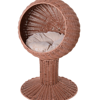 Brown House With Thick Cushioned Bed And Rotatable Egg Chair Pod, Natural Woven Mat Grass Basket Soft Cushion,