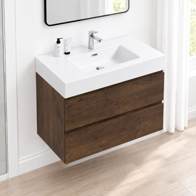 Meuble-lavabo flottant blanc moderne de 36 pouces avec lavabo intégré blanc et 2 tiroirs de rangement, mural et entièrement assemblé