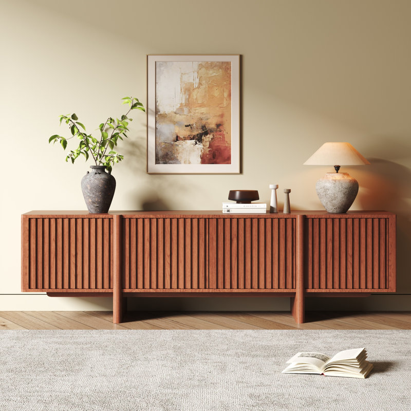 Meuble télé moderne cannelé de 78,7 po pour téléviseur de 85 po ou moins, meuble multimédia Mid-Century avec rangement pour le salon