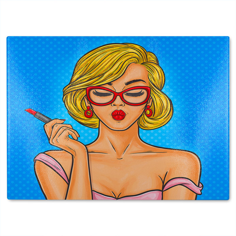 Pop art illustration woman paints her lips Designer Glass Chopping Board, 40cm L x 28cm W