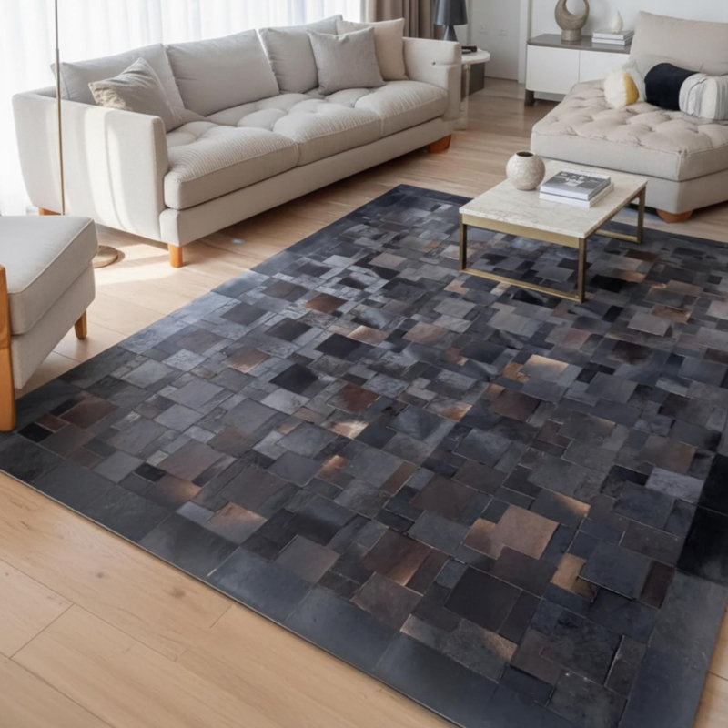Tapis en cuir de vache patchwork, tapis carré géométrique, noir naturel brun blanc, Rectangulaire 8 pi 10 po x 12 pi