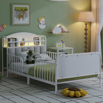 Structure de lit plateforme en métal avec lumière, lit en métal avec tête de lit tapissier et rangement
