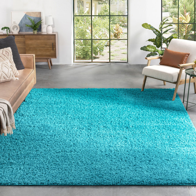 Berte Modern Solid Teal Textured Shag Rug, Rectangle 5'3" x 7'3"