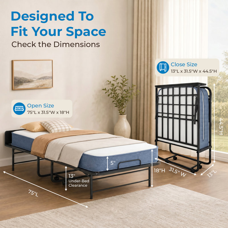 75" Foldable Guest Bed with Headboard & Memory Foam – 300LBS, 5" Mattress, Rolls for Storage