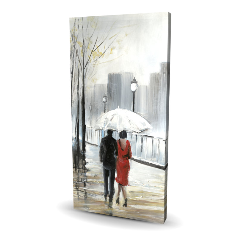 Couple marchant sous la pluie - toile de bureau beige, H 48 po x l 24 po