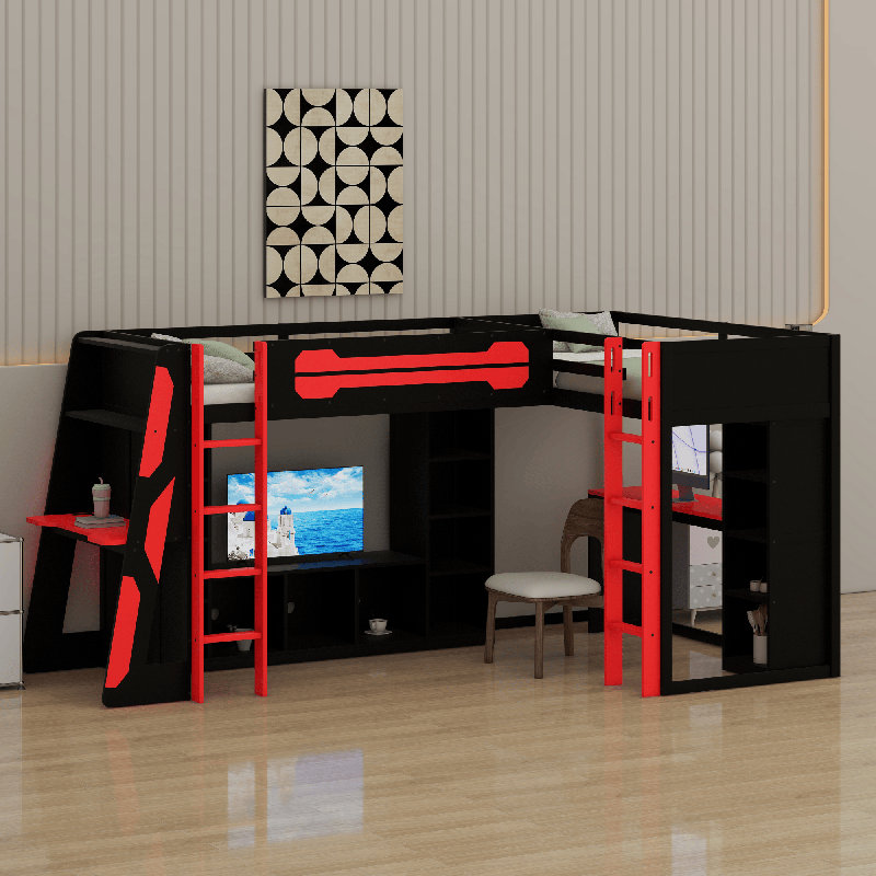 L-Shaped Wooden Gaming Bed Frame With RGB LED Lights, Red