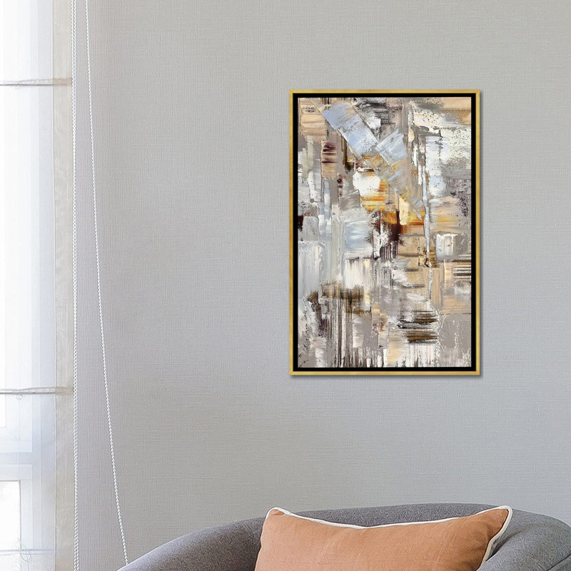 Bleu, beige, brun Art - reproduction d'art murale - toile encadrée, 26 po x 18 po, Toile avec cadre, Doré