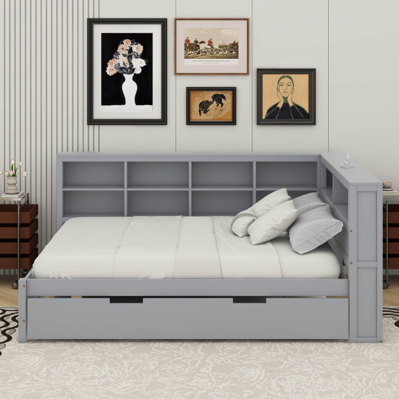 Lit de jour double avec lit gigogne, tablette et port USB, Gris