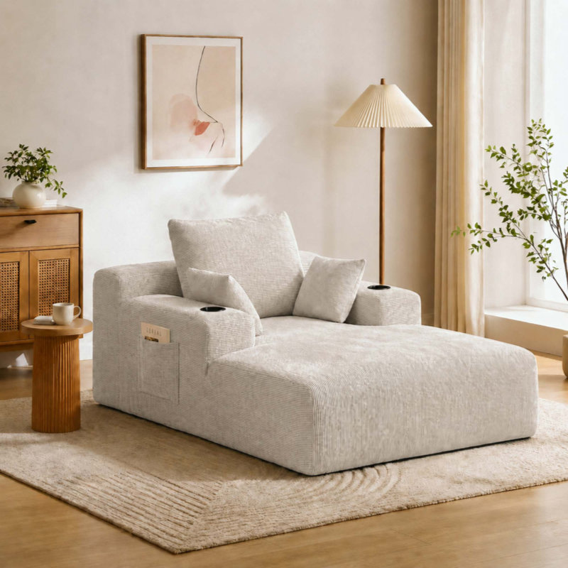 Canapé en velours côtelé Corduroy avec porte-gobelet et poche de rangement, Velours côtelé beige clair