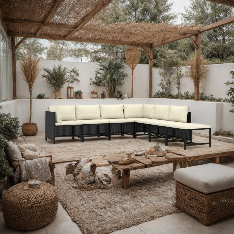 Ensemble de canapé modulaire d'extérieur 7 pièces Avio, forme carrée, rotin de polyester, Noir, noir, noir, noir