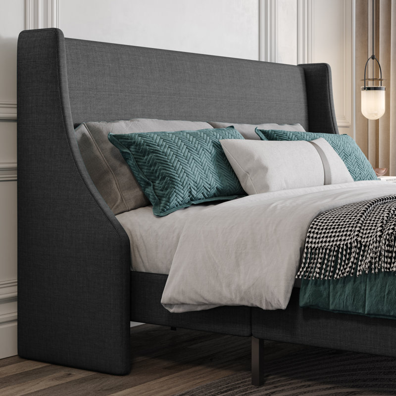 Lit plateforme tapissier Toderick avec aile de luxe et mélange de lin, Très grand, Gris foncé