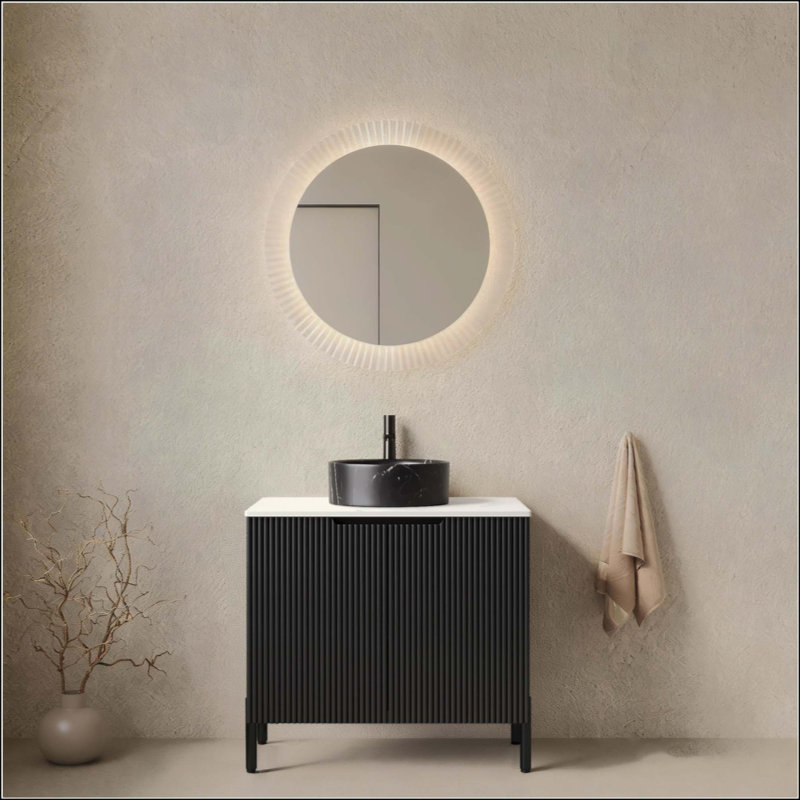 Meuble-lavabo de salle de bain avec lavabo, armoire de rangement autoportante avec 2 portes, lavabo en céramique avec motif en pierre et comptoir en pierre frittée, sans robinet