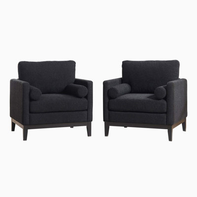 Modern Farmhouse Style Upholstered Accent Chair, Wooden Leg Base and Matching Bolster Pillows