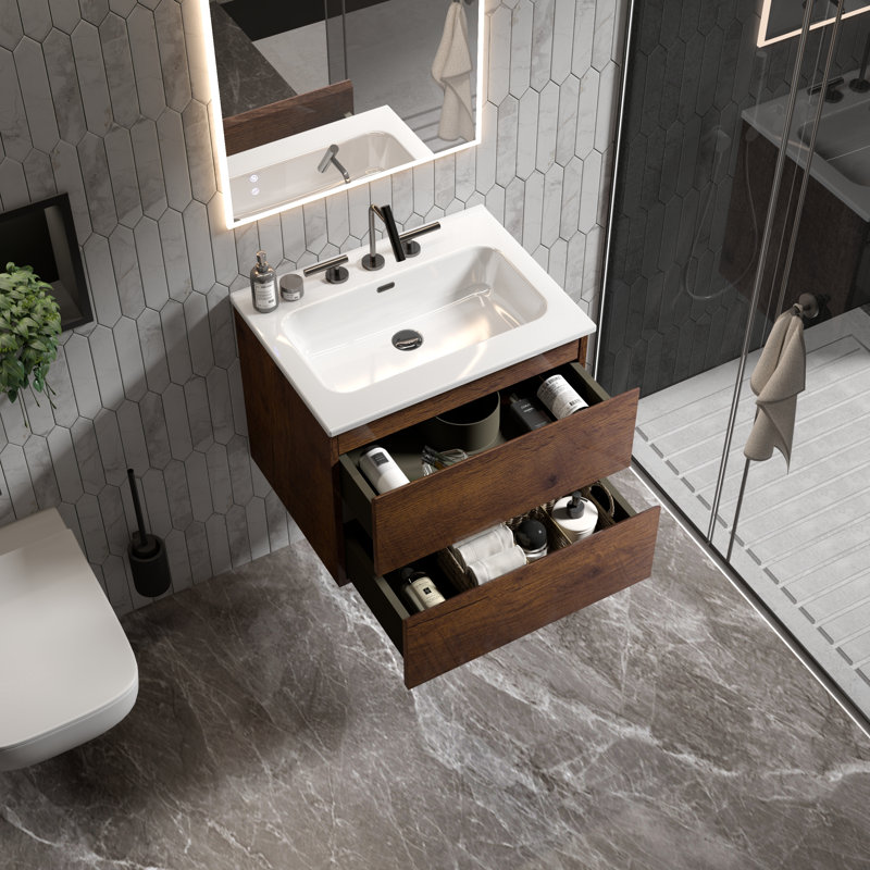 Derrance 24 Inch Single Bathroom Vanity with Ceramic Top with Overflow, Pre-Assembled, Brown, 24"