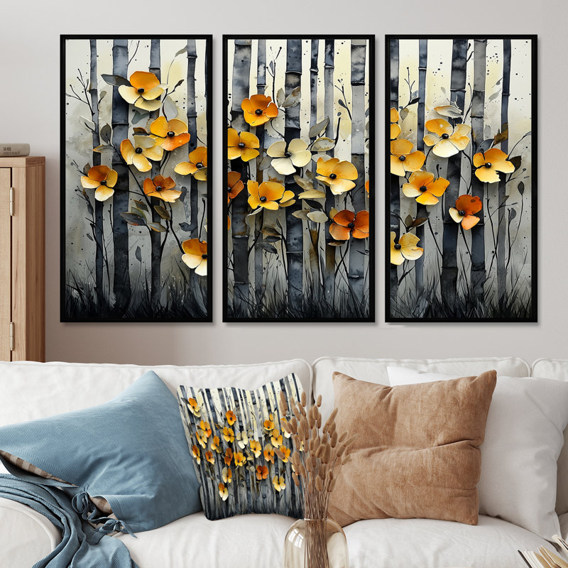 «Geometric Bambo Forest Horizon II», art mural en bambou, 3 pièces, H 28 po x l 36 po, Impression encadrée sans passe-partout