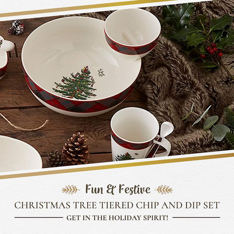 Spode Christmas Tree Tartan 2Pc Tiered Chip&Dip 10"