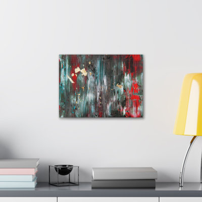 Art abstrait, art texturé doré, blanc, rouge, noir, coups de pinceau, toile