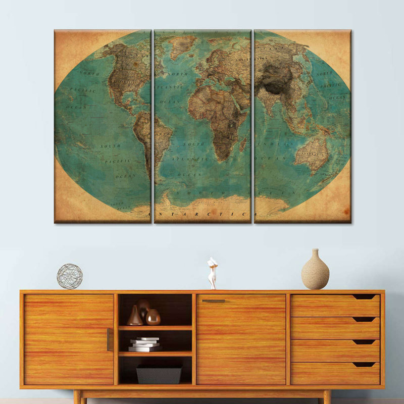 Ensemble de 3 pièces de carte du monde rétro sur toile, H 28 po x l 45 po x P 1,25 po