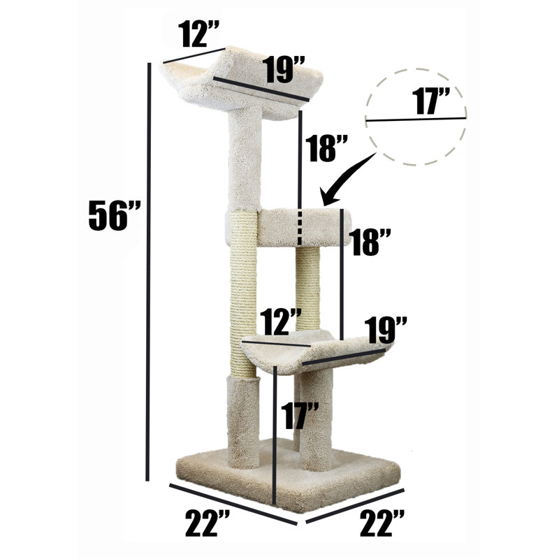 Beige 56'' Sisal and Wood Cat Tree with Double Scratching Posts