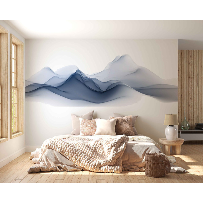 Murale abstrait montagne, papier peint paysage bleu, art mural montagne minimaliste, décoration murale scandinave moderne, murale 487Mv