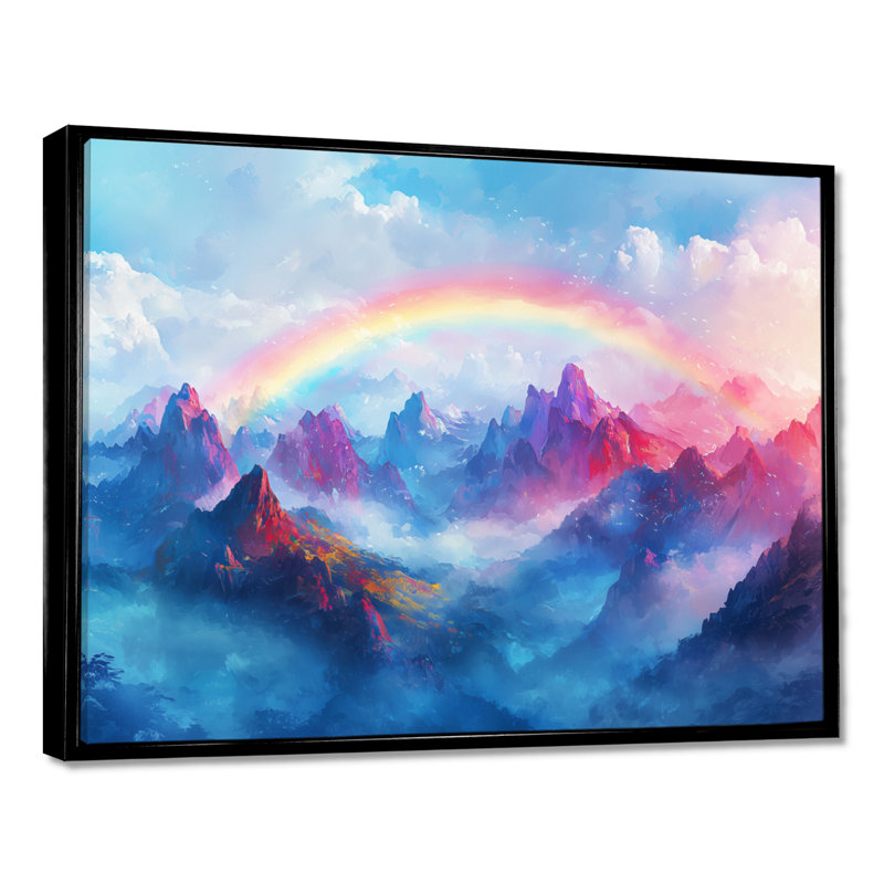 Arc-en-ciel au-dessus des montagnes - art mural arc-en-ciel, H 34 po x l 44 po, Cadre flottant noir