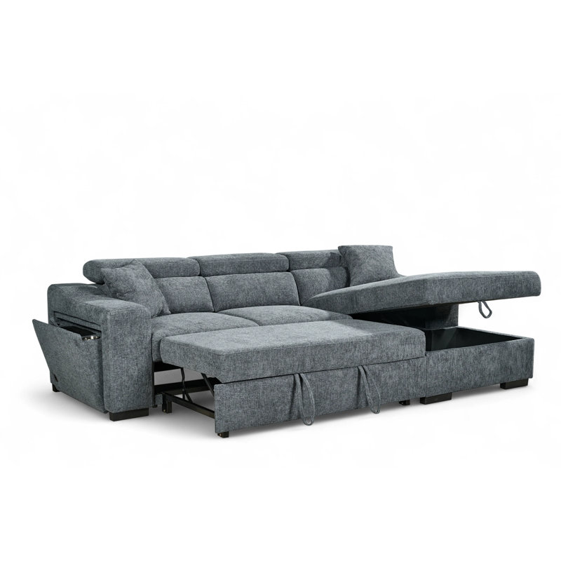 4 Seater Sofa Bed, Right Hand Facing, Blue Polyester