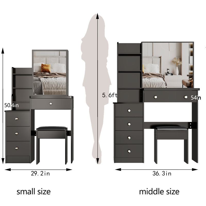 Compact Area Vanity With Cushioned Seat, Big Sliding Mirror, Multi-Layer Storage, Black Dressing Table For Restricted Bedroom Space Seat & Storage Bedrooms, , , , Ul Approved