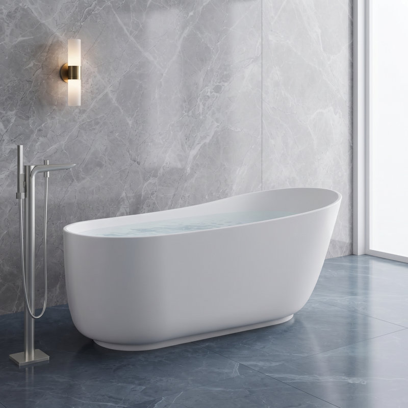 Baignoire de trempage autoportante 67 po à surface solide, baignoire ovale blanc mat avec trop-plein