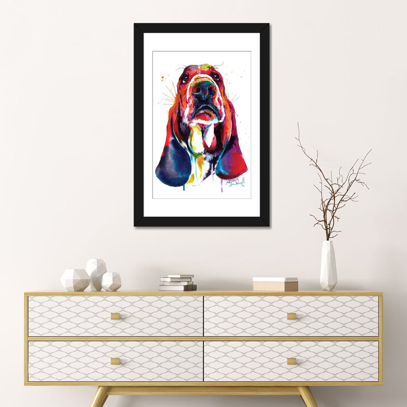«Basset», reproduction d'impression sur toile, H 32 po x l 24 po x P 1 po, Papier d'art encadré noir, Blanc